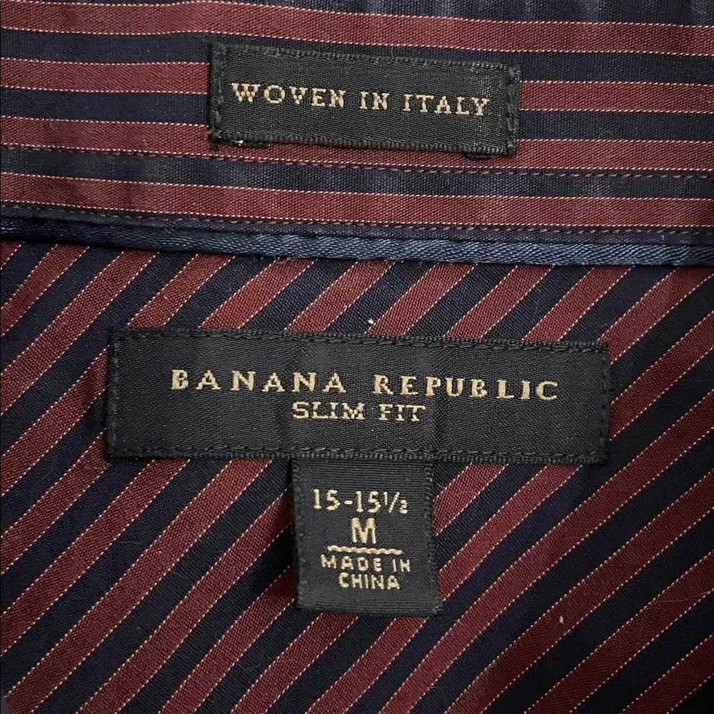 Banana Republic Maroon Red Striped Slim Fit Button Up Shirt Mens Size M 15-15.5